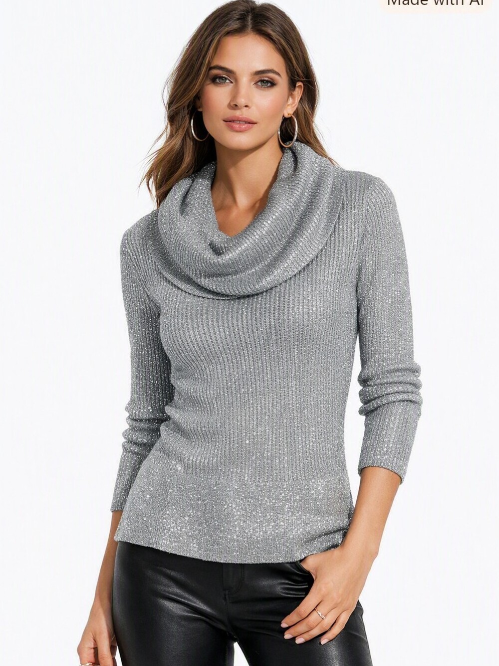 It's Our Time Silver Sparkle Cowl Neck Sweater Medium